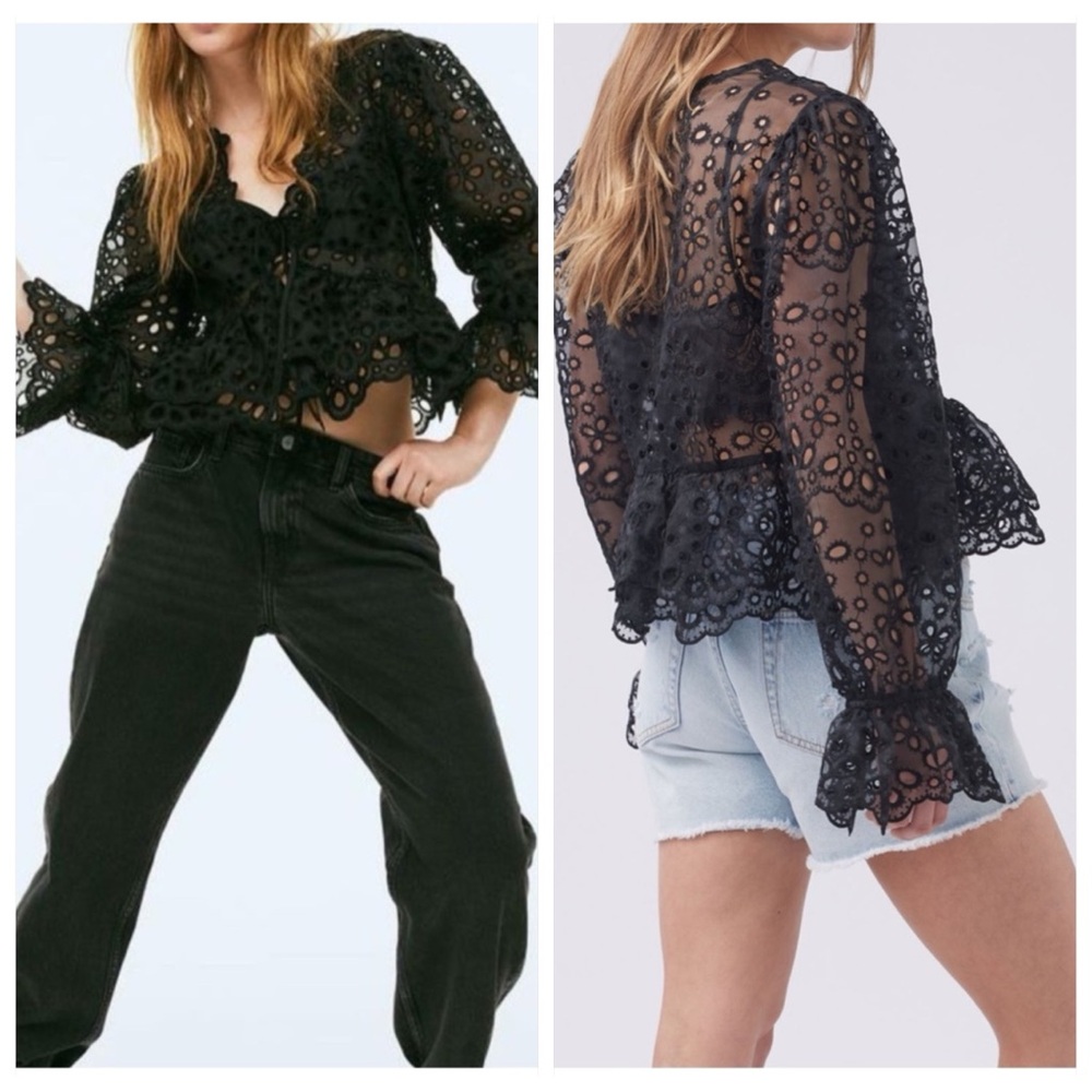 H&M Top Womens size XL Elegant Black Lace Embroidered eyelet Front tie Blouse
